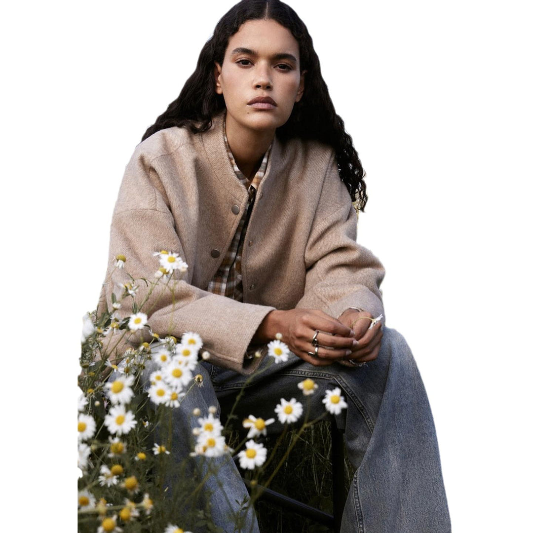 Damen modische Oversized-Wolljacke mit Knopfverschluss und lässiger Passform Drune