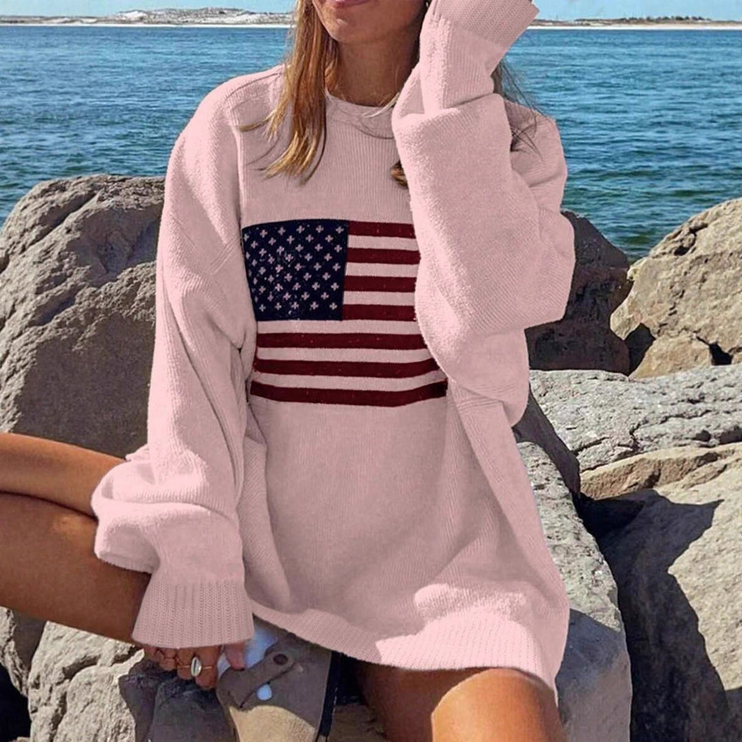 Damen Strickpullover mit Flaggenmotiv und lockerer Passform Drune