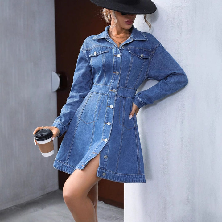 Damen Denim Hemdkleid im A-Linien-Schnitt mit Knopfdetails und schwingendem Rock Drune