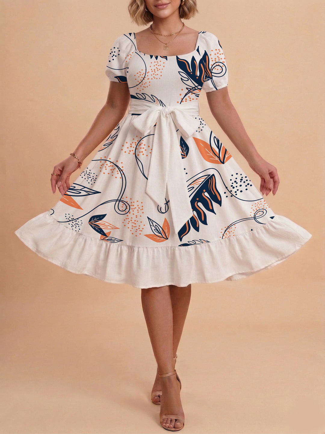 Damen Sommerliches Blumenkleid mit taillierbarem Gürtel und voluminösen Ärmeln Drune