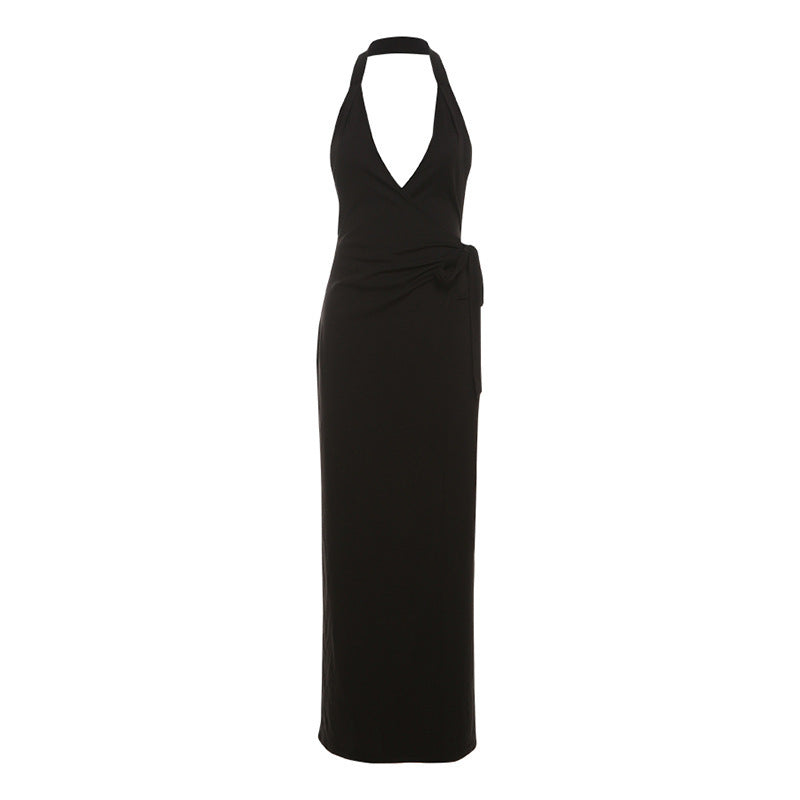 Damen Wickelmaxikleid mit tiefem V-Ausschnitt und eleganter Schleifenbindung Drune
