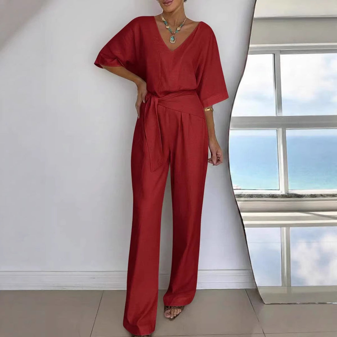 Damen Eleganter Jumpsuit mit tailliertem Schnitt und Wickelgürtel Drune