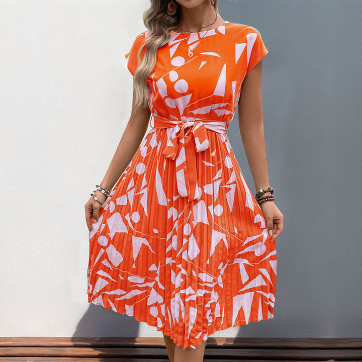 Damen plissiertes Maxikleid mit kunstvollem Muster und taillierbarem Bindegürtel Drune