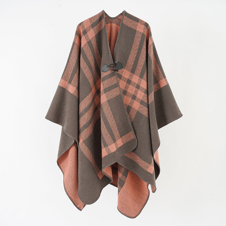 Damen Luxuriöser Geometrischer Poncho aus weichem Material mit dezenter Knopfverzierung Drune