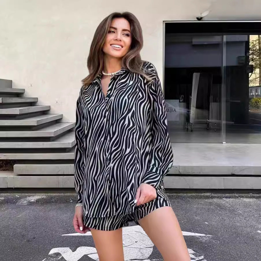 Damen elegante Kurzarmbluse mit Zebra-Print Drune