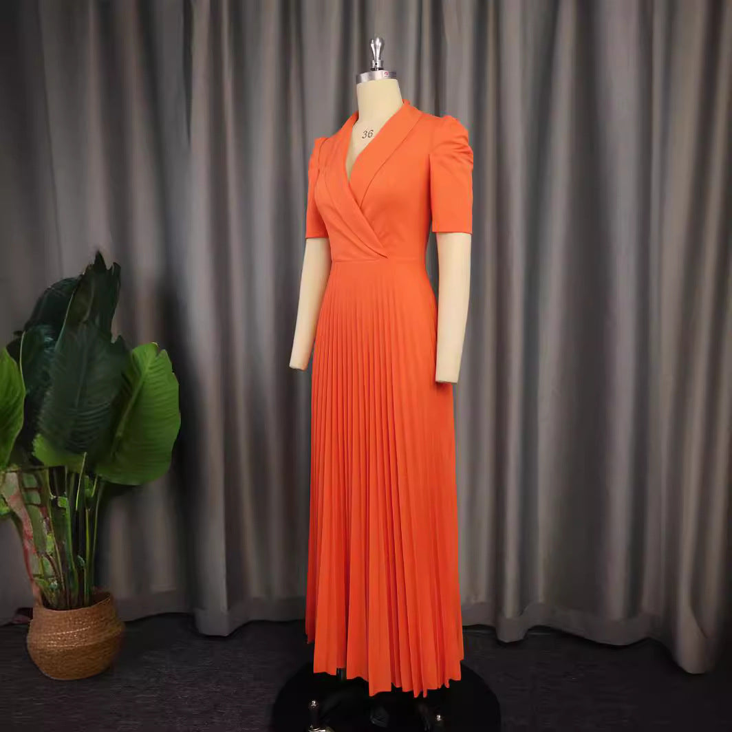 Damen elegantes Wickelkleid mit plissiertem Rock und Puffärmeln Drune