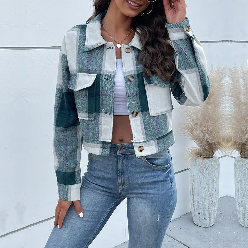 Damen cropped Karo-Jacke mit praktischen Taschen und modischen Details Drune