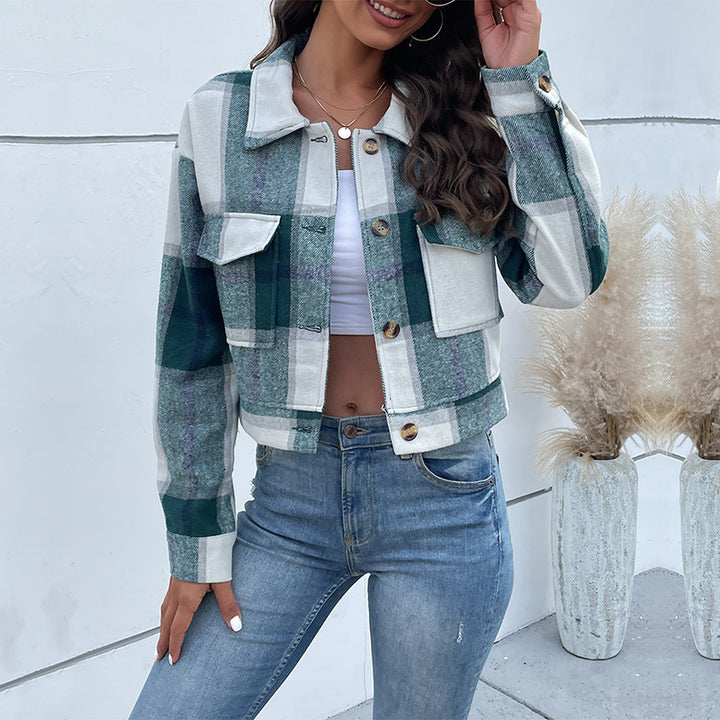 Damen cropped Karo-Jacke mit praktischen Taschen und modischen Details Drune