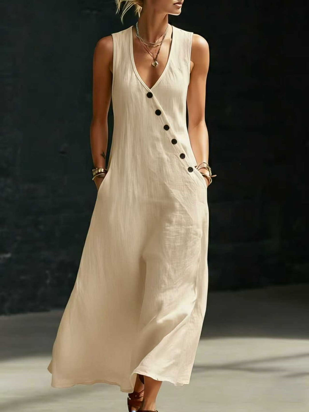 Damen Langarmkleid mit seitlichem Schlitz und Knopfdetails Drune