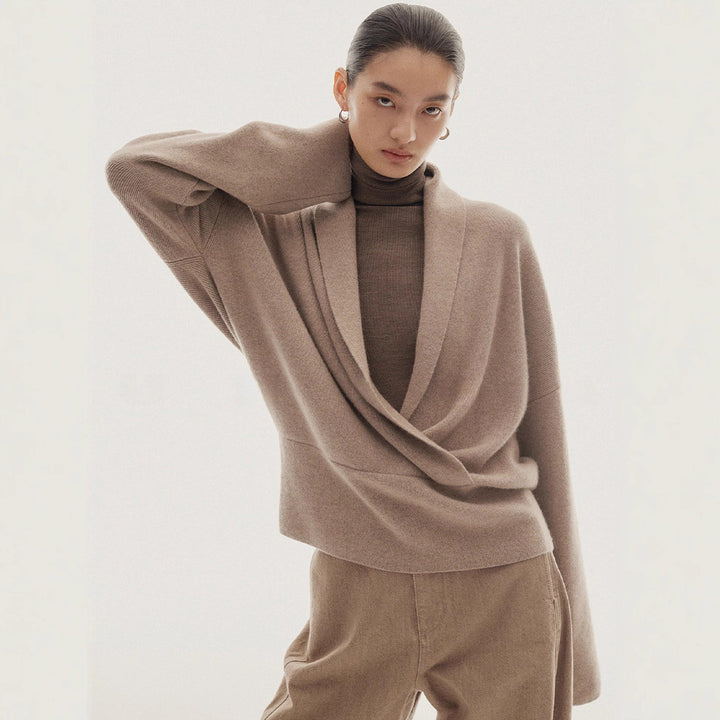 Damen Eleganter und weicher Wickelpullover aus hochwertiger Wolle Drune