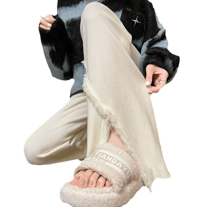 Damen Elegante Hose mit hohen Seitenschlitzen und fransigen Abschlüssen Drune