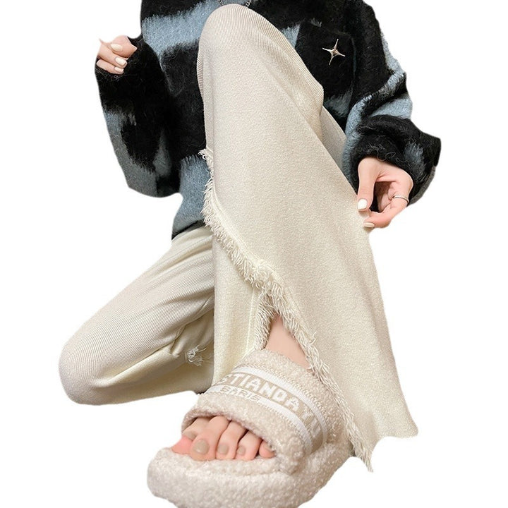 Damen Elegante Hose mit hohen Seitenschlitzen und fransigen Abschlüssen Drune