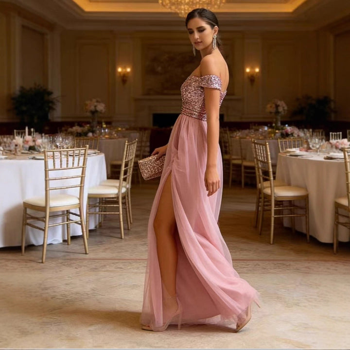 Damen Elegantes Abendkleid mit schulterfreiem Design und funkelnden Applikationen Drune