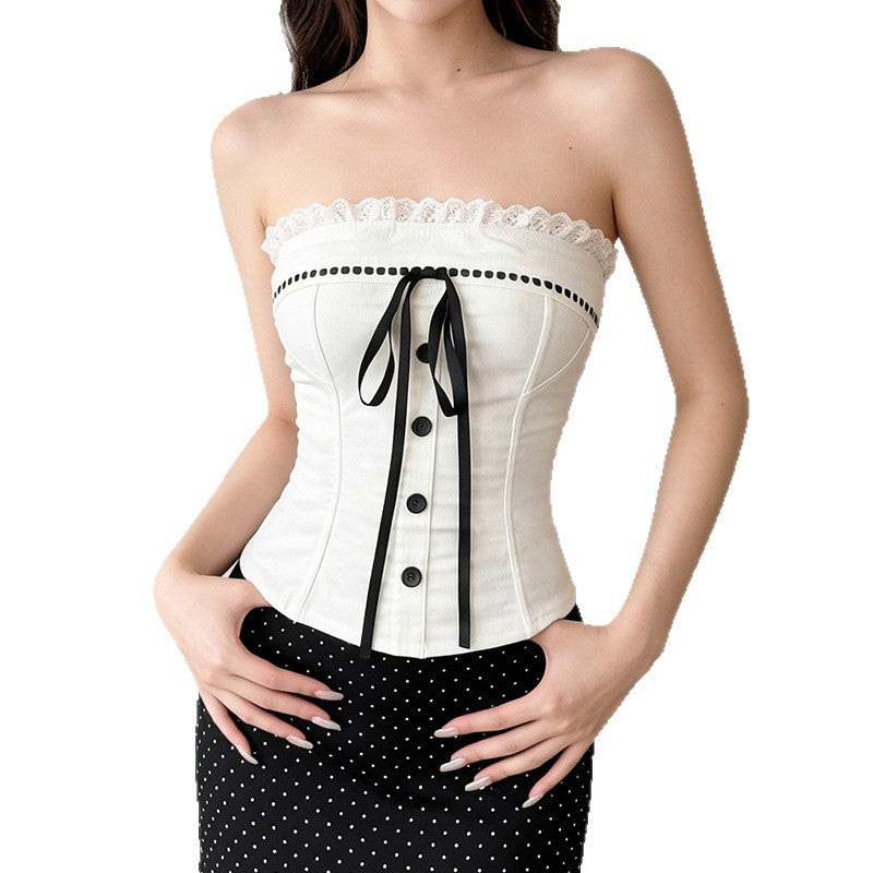 Damen Bustier-Oberteil mit dekorativem Rüschensaum und Knopfdetails Drune