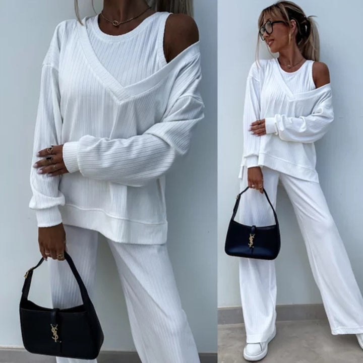 Damen nan elegantes Rippstrick-Zweiteiler Lounge-Set mit einseitigem Schulterfreischnitt und weitem Palazzo-Hosenbein Drune