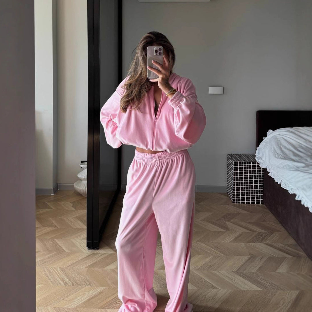 Damen modisches Velours-Set mit elastischem Bund und hohem Kragen Drune