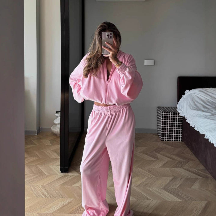 Damen modisches Velours-Set mit elastischem Bund und hohem Kragen Drune