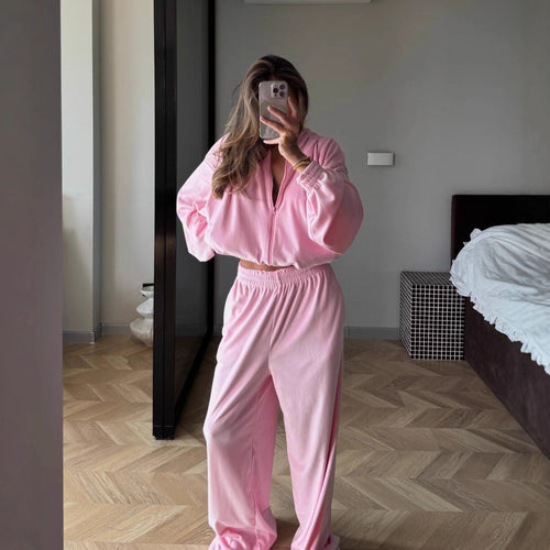 Damen modisches Velours-Set mit elastischem Bund und hohem Kragen Drune