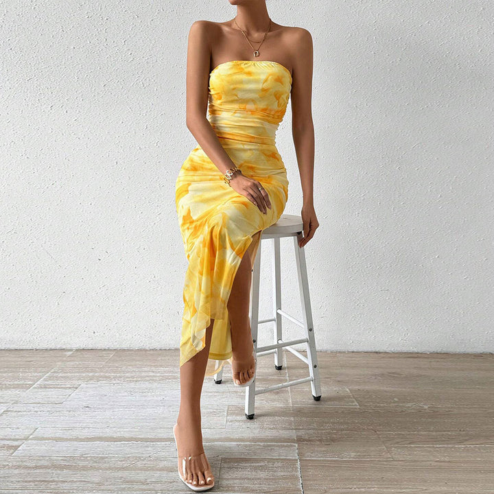 Damen Lange Hülsenmaxikleid mit Bandeau-Ausschnitt und hohem Schlitz Drune
