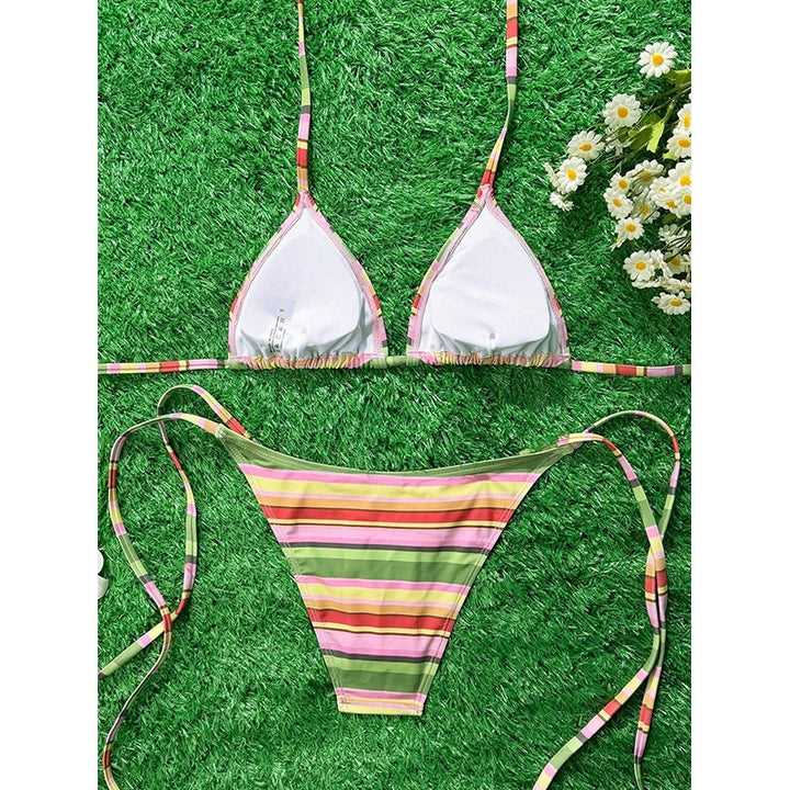 Damen Triangel-Bikini mit verstellbaren Trägern und buntem Streifenmuster Drune