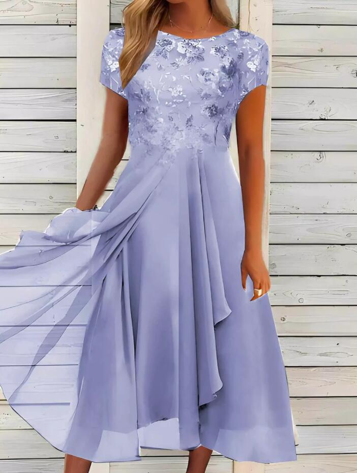 Damen nan fließendes Chiffon-Midikleid mit blumenbesticktem Oberteil und asymmetrischem Stufenrock Drune