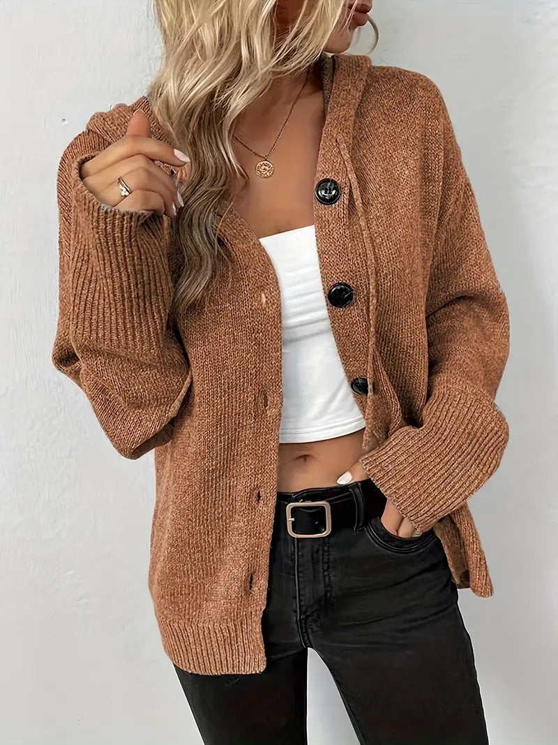 Damen gemütliche Strickjacke mit Kapuze und großen Knöpfen Drune