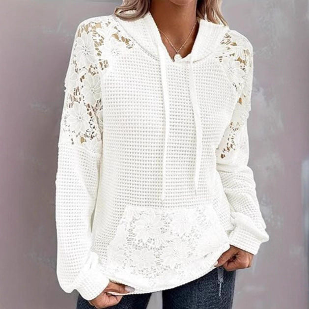 Damen Übergroßer Pullover mit Spitzendetails und Kängurutasche Drune