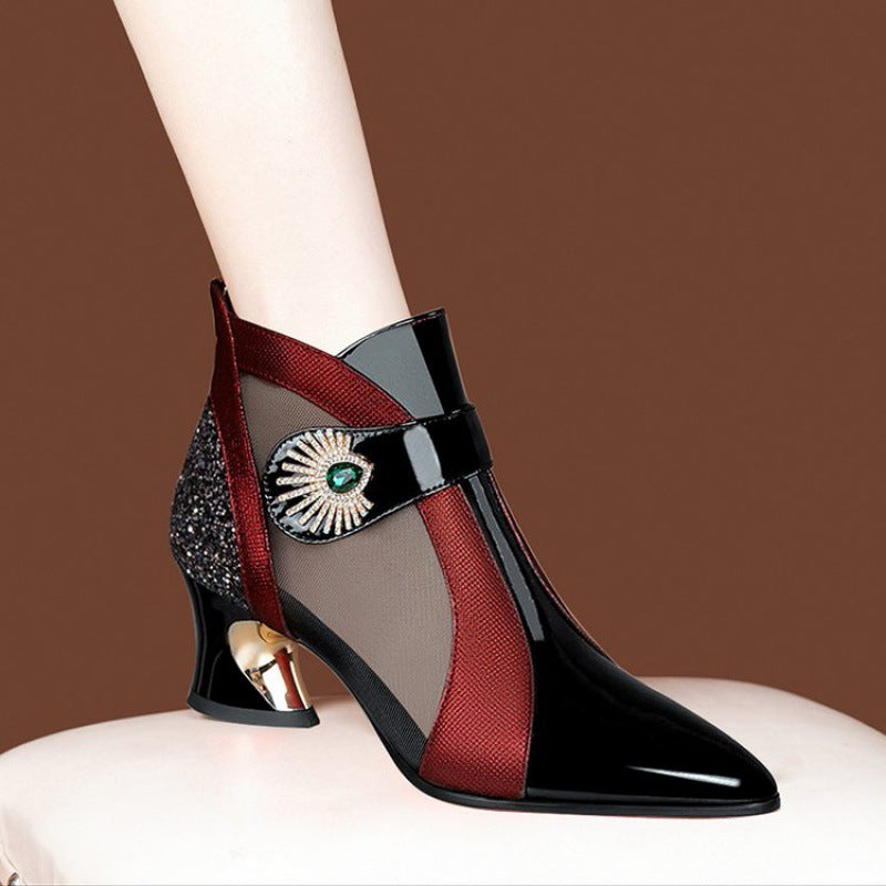Damen nan elegante Netzstoff-Stiefelette mit Schmuckbesatz und geschwungenem Absatz Drune