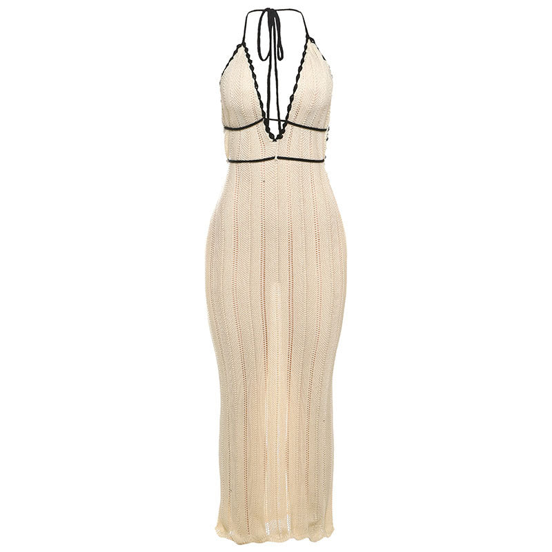 Damen Strick Maxikleid mit tiefem V-Ausschnitt und Bindebändern Drune