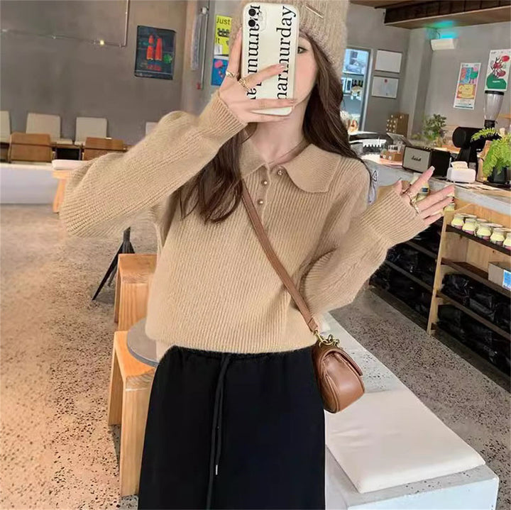 Damen Pullover mit strukturiertem Polo-Kragen und Knopfdetails Drune
