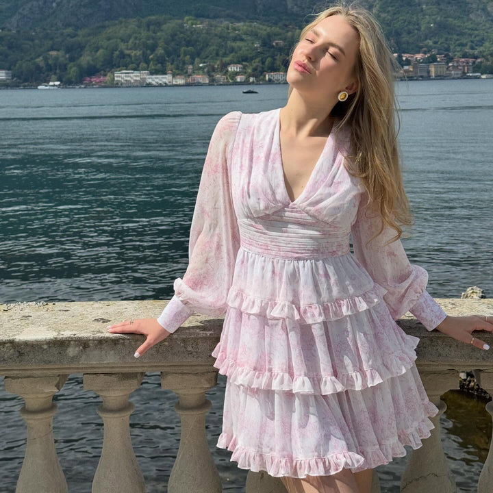 Damen romantisches Rüschendetail Kleid mit tiefem V-Ausschnitt und langem Ärmel Drune