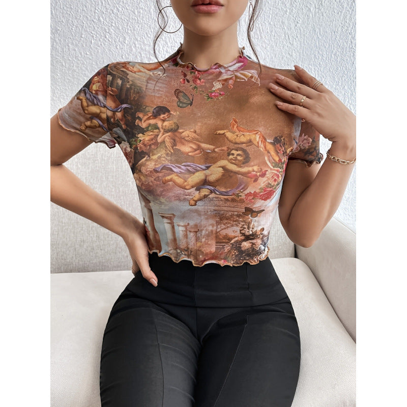 Damen Kurzarmshirt mit kunstvollem Print und modischem Schnitt Drune