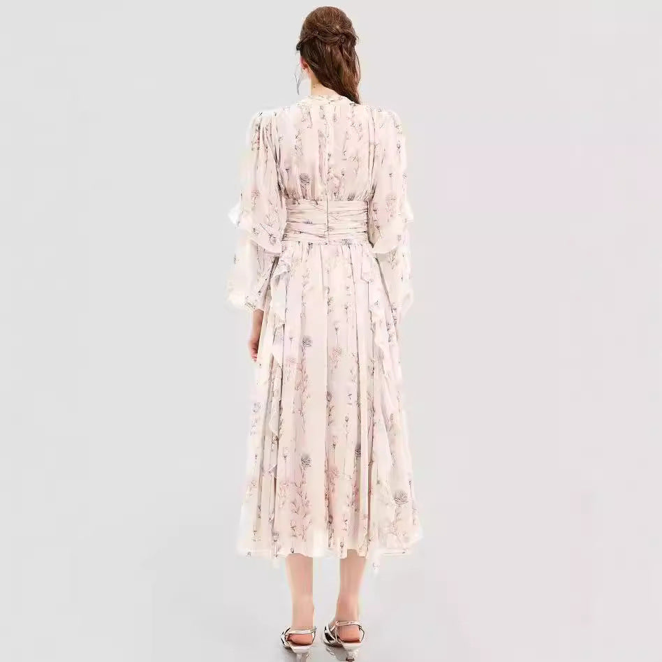 Damen Midi-Kleid mit floralen Stickereien und elegantem Rüschensaum Drune