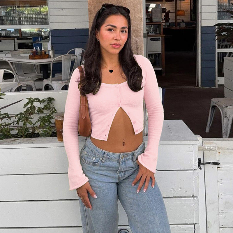 Damen Langarm-Crop-Top mit raffinierter Knopfleiste Drune