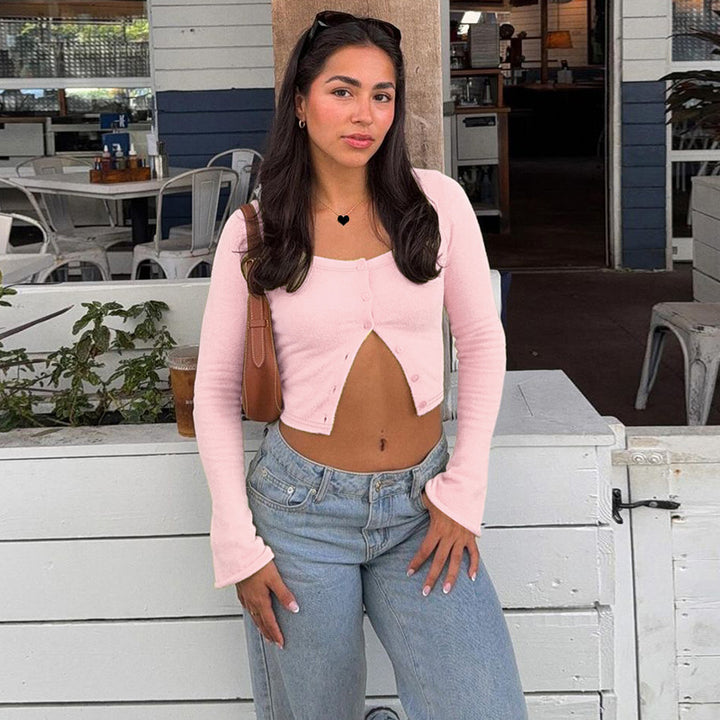 Damen Langarm-Crop-Top mit raffinierter Knopfleiste Drune