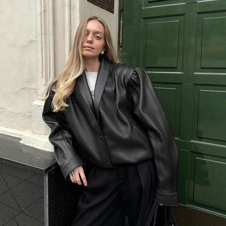 Damen lässige Kunstlederjacke mit voluminösen Ärmeln Drune