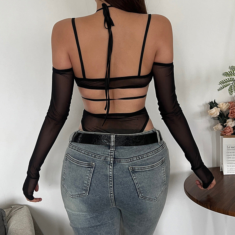Damen Einteiler Bodysuit mit eleganter Spitzendekoration und transparenter Optik Drune
