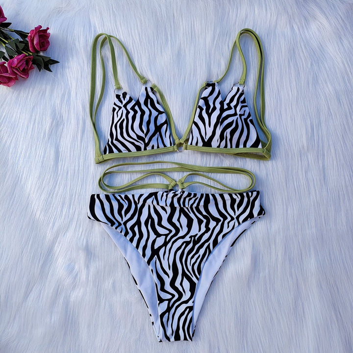 Damen Minimalistisches Triangel-Bikini-Set mit Zebramuster Drune