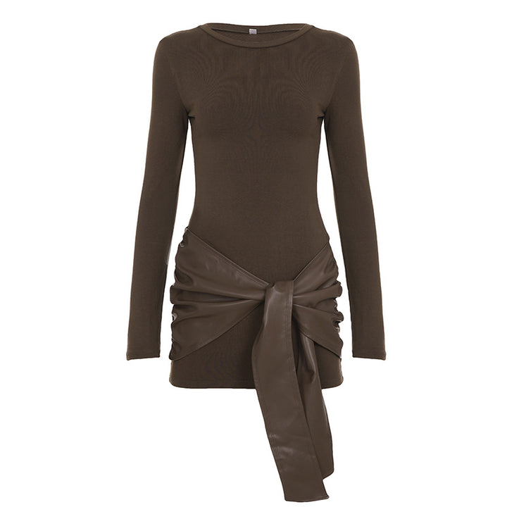 Damen nan tailliertes Longsleeve-Minikleid mit Kunstleder-Wickelbund und Drapé-Detail Drune