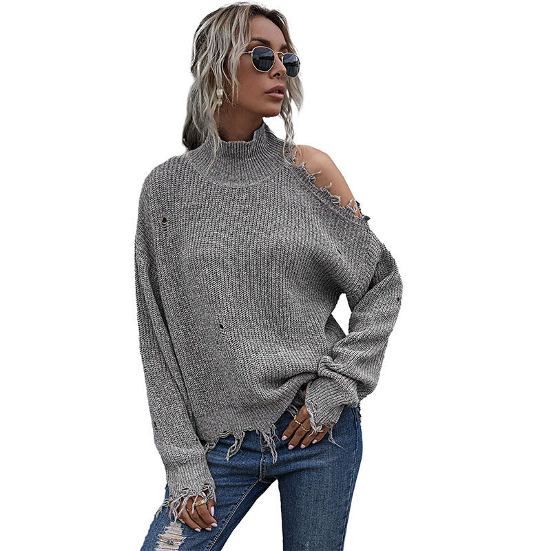Damen lockerer Strickpullover mit asymmetrischem Saum und transparentem Cut-Out Drune