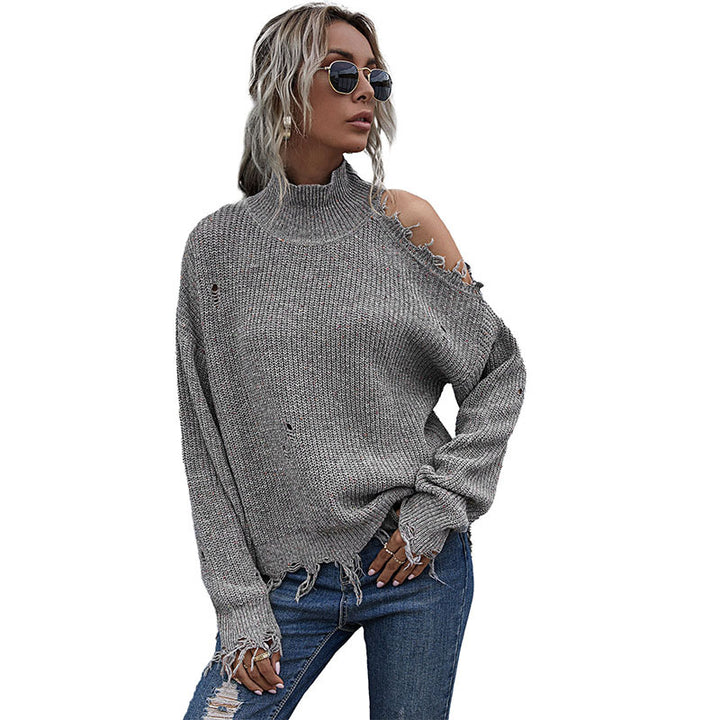 Damen lockerer Strickpullover mit asymmetrischem Saum und transparentem Cut-Out Drune