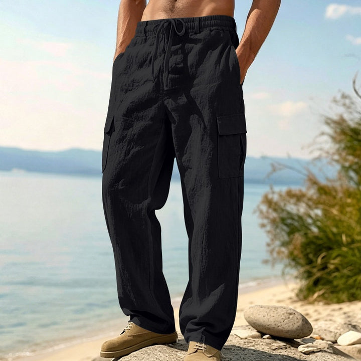 Herren nan entspannt geschnittene Strand-Cargohose aus Leinenblend mit elastischem Tunnelzug und zweifacher Klapptasche Drune