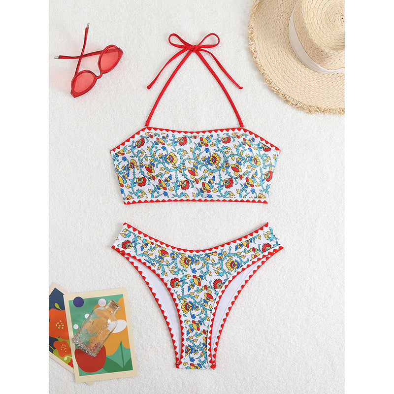 Damen Bandeau-Bikini mit floralem Muster und doppeltem Bortenabschluss Drune