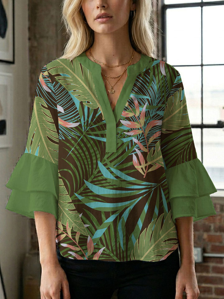 Damen Bluse mit voluminösen Flügelärmel und intensivem Blattmuster Drune