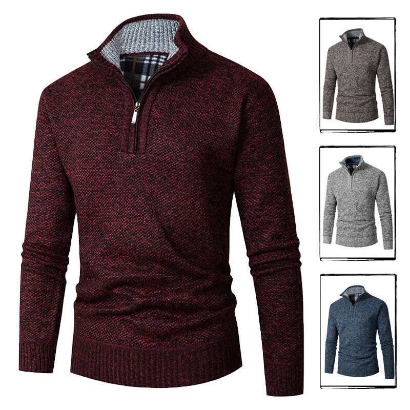 Herren nan grobgestrickter Halfzip-Pullover mit Stehkragen und karierter Krageninnenseite Drune