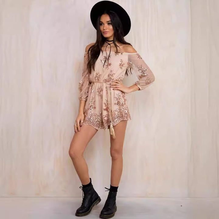 Damen Elegantes Playsuit mit floralen Paillettenverzierungen und off-shoulder Design Drune