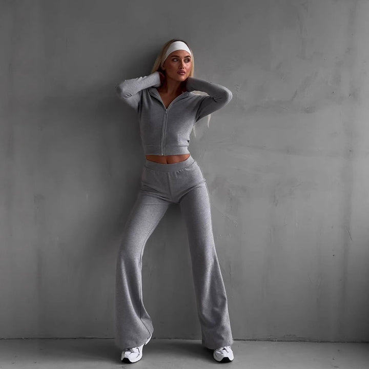 Damen lässiger Sportanzug mit elegantem Zipper und weitem Beinsaum Drune