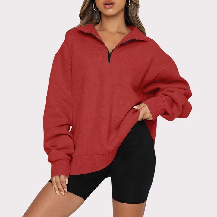 Damen Oversized Pullover mit kurzem Reißverschluss und lässigem Schnitt Drune