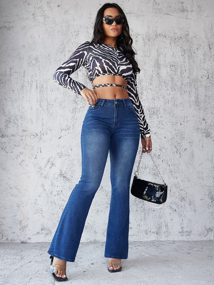 Damen Flared Jeans im modernen Design mit hohem Bund und ausgefallenem Waschung Drune