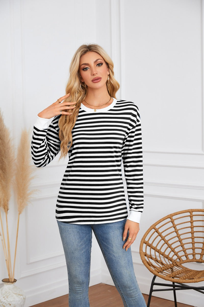 Damen gestreiftes Langarmshirt mit Rundhalsausschnitt Drune